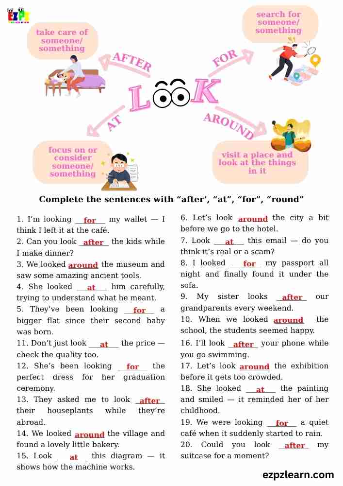  LOOK Phrasal Verbs Worksheet – Complete the Sentences | 20 Examples | ESL Grammar Practice